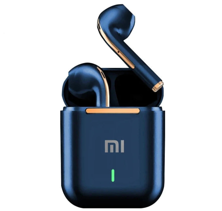 Auriculares Bluetooth XIAOMI J18 True Wireless azul escuro com detalhes dourados e caixa aberta Auriculares Bluetooth XIAOMI J18 True Wireless azul escuro com detalhes dourados e caixa aberta